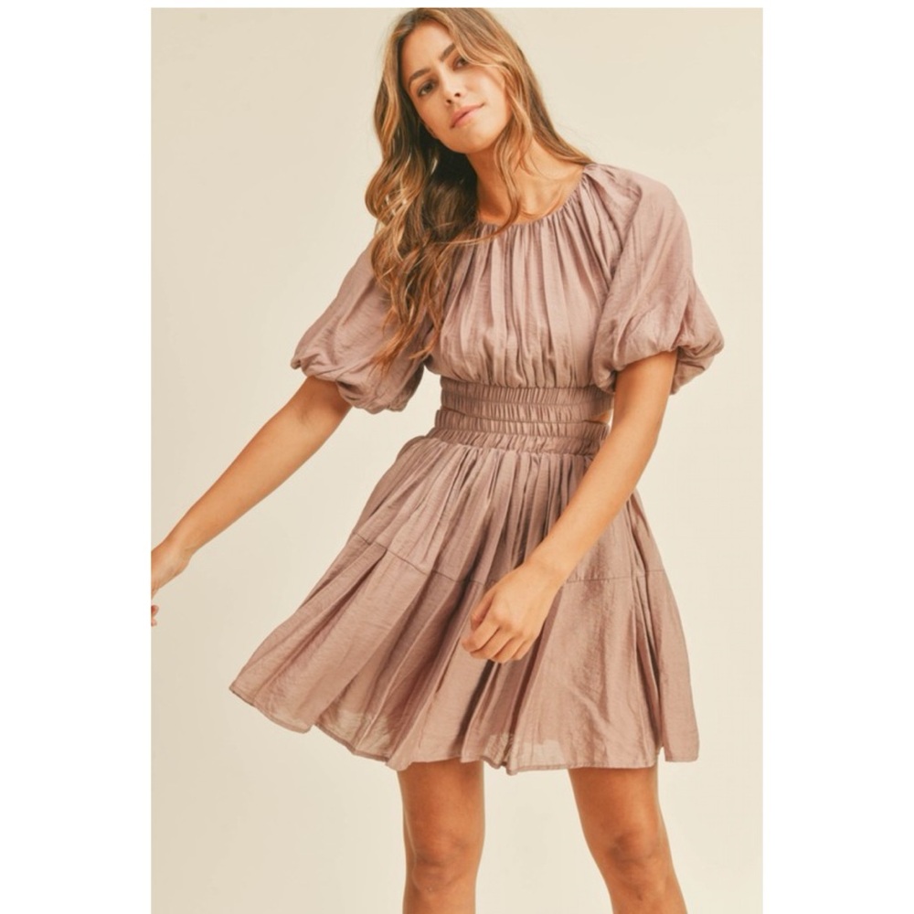Smocked Waist Puff Sleeve Mini Dress in Dusty Mauve NWT
